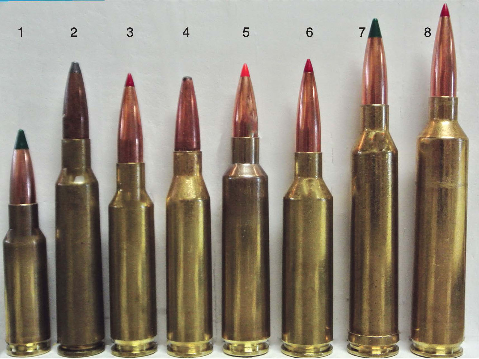 The .264-inch bullet diameter has found a place with American shooters. Popular cartridges include the (1) 6.5 Grendel, (2) 6.5x55 Swedish Mauser, (3) 6.5 Creedmoor, (4) .260 Remington, (5) 6.5-284 Winchester, (6) 6.5 PRC, (7) .264 Winchester Magnum and the (8) .26 Nosler.